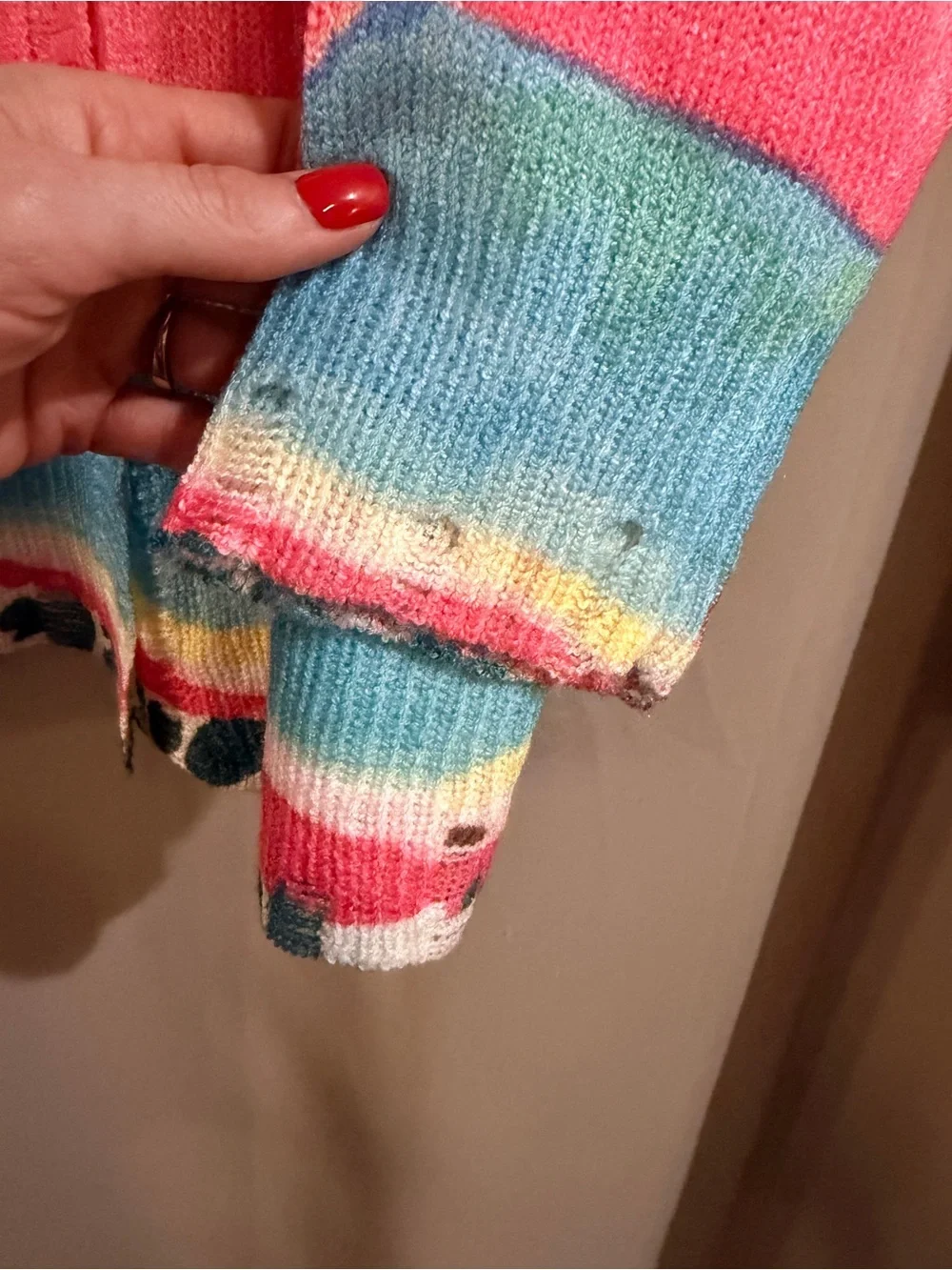 LA MIEL Pastel Rainbow Knit Cardigan in Pink, Yellow, Blue